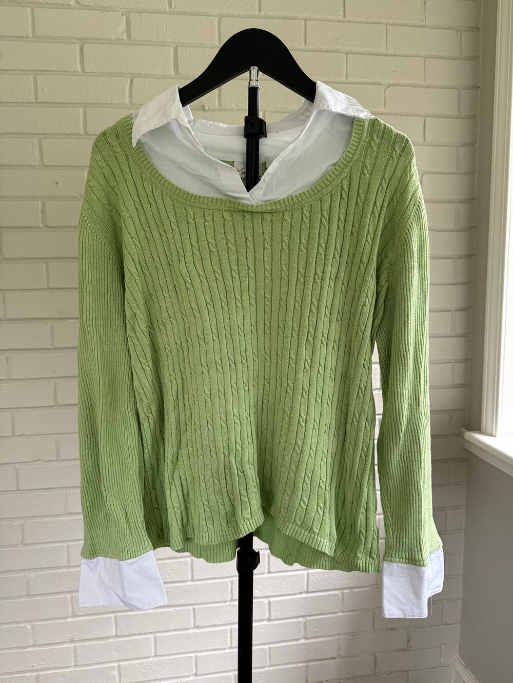 Kim Rogers Layered Cable Knit Sweater XL Green Preppy Cotton Collared Top